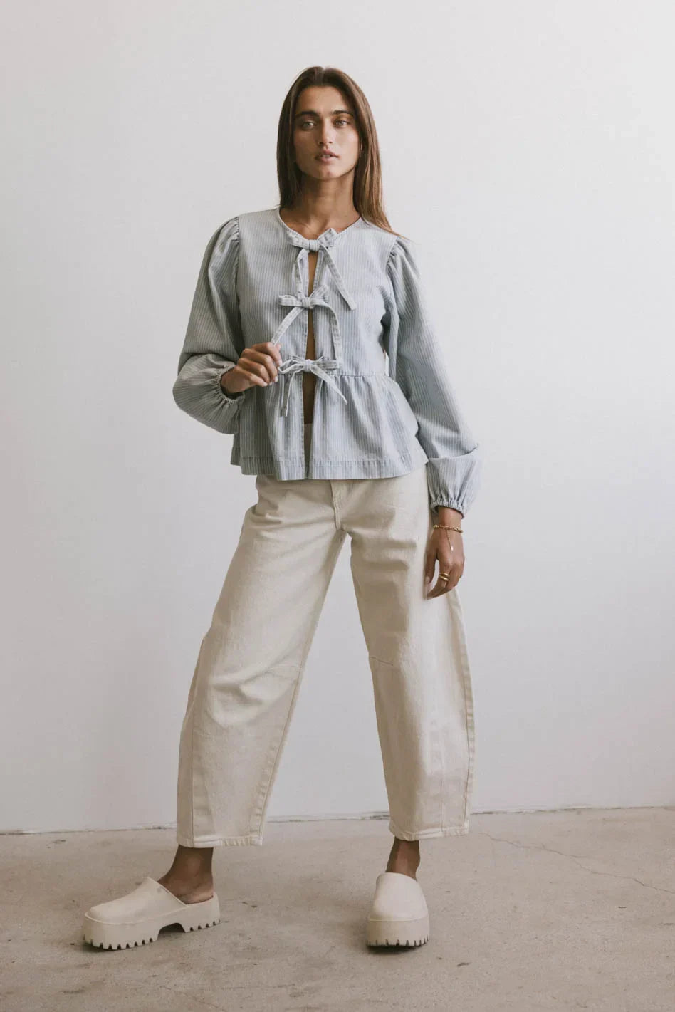 Maggie Peplum Tie Blouse in Light Wash FINAL SALE