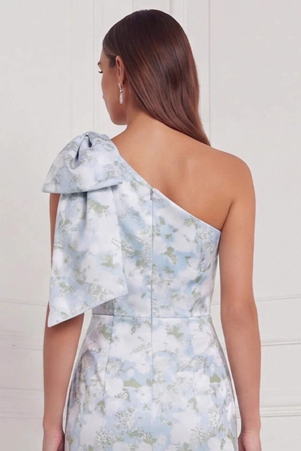 One Shoulder Blue White Flower Mermaid Bridesmaid Dress with Slit
