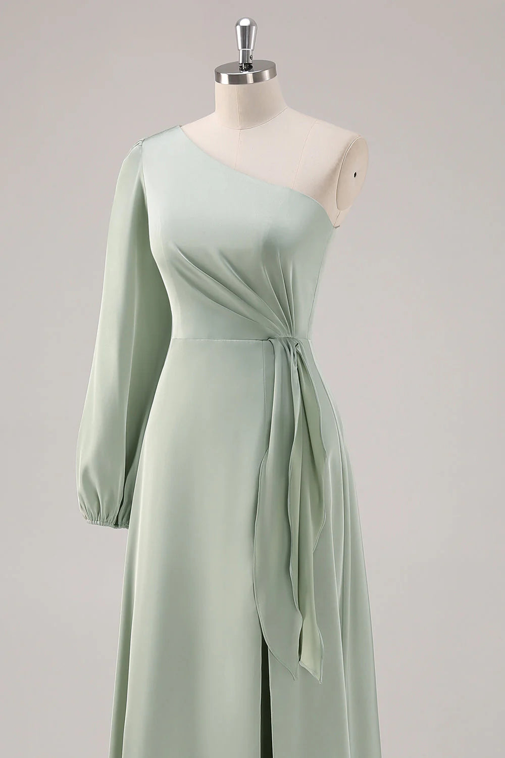 Sage Green A Line One Shoulder Ruched Long Bridesmaid Dress with Slit