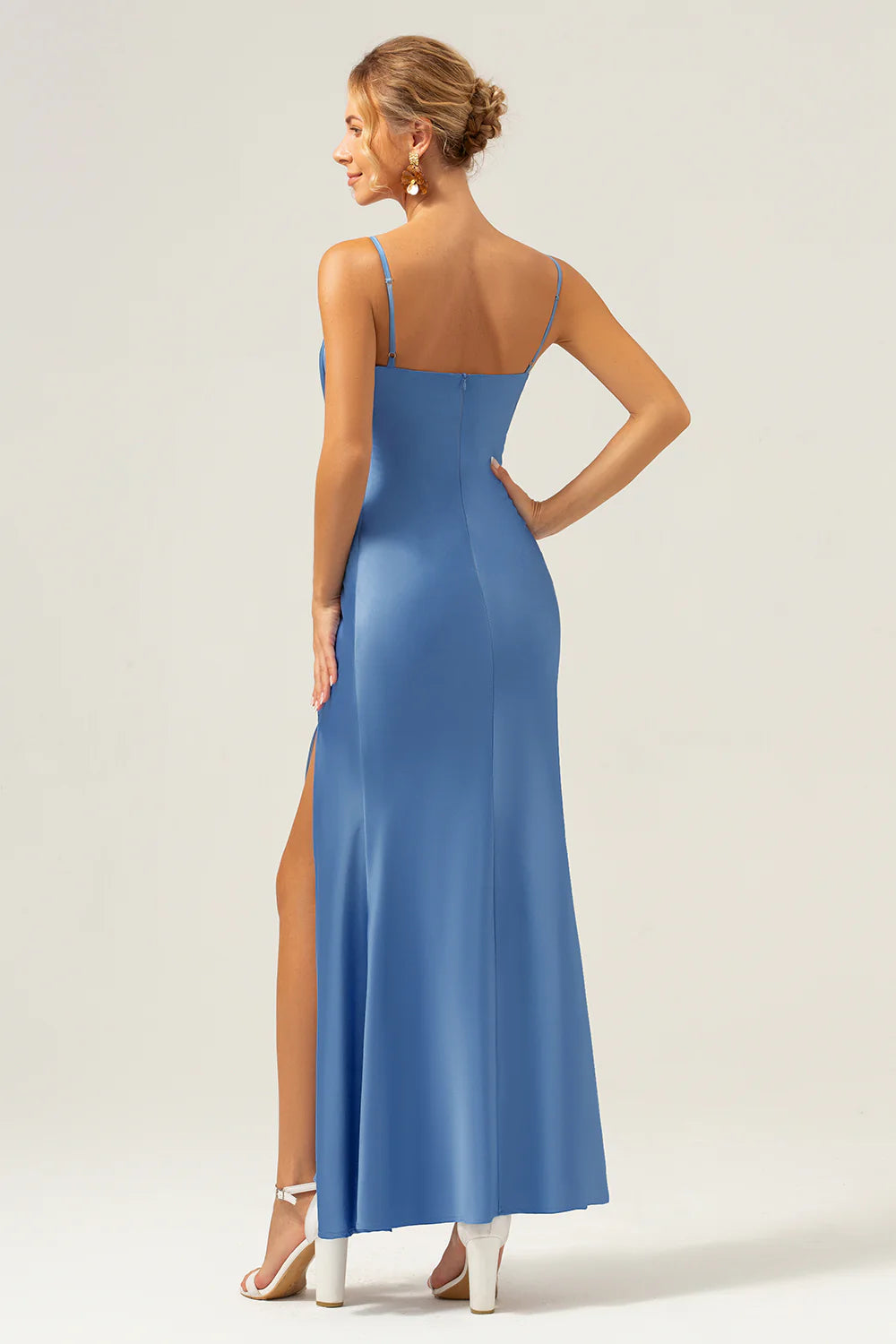 Mermaid Spaghetti Straps Satin Blue Tea Length Dress with Bow
