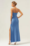 Mermaid Spaghetti Straps Satin Blue Tea Length Dress with Bow