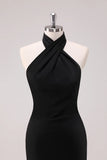 Black Mermaid Halter Open Back Floor Length Satin Bridesmaid Dress