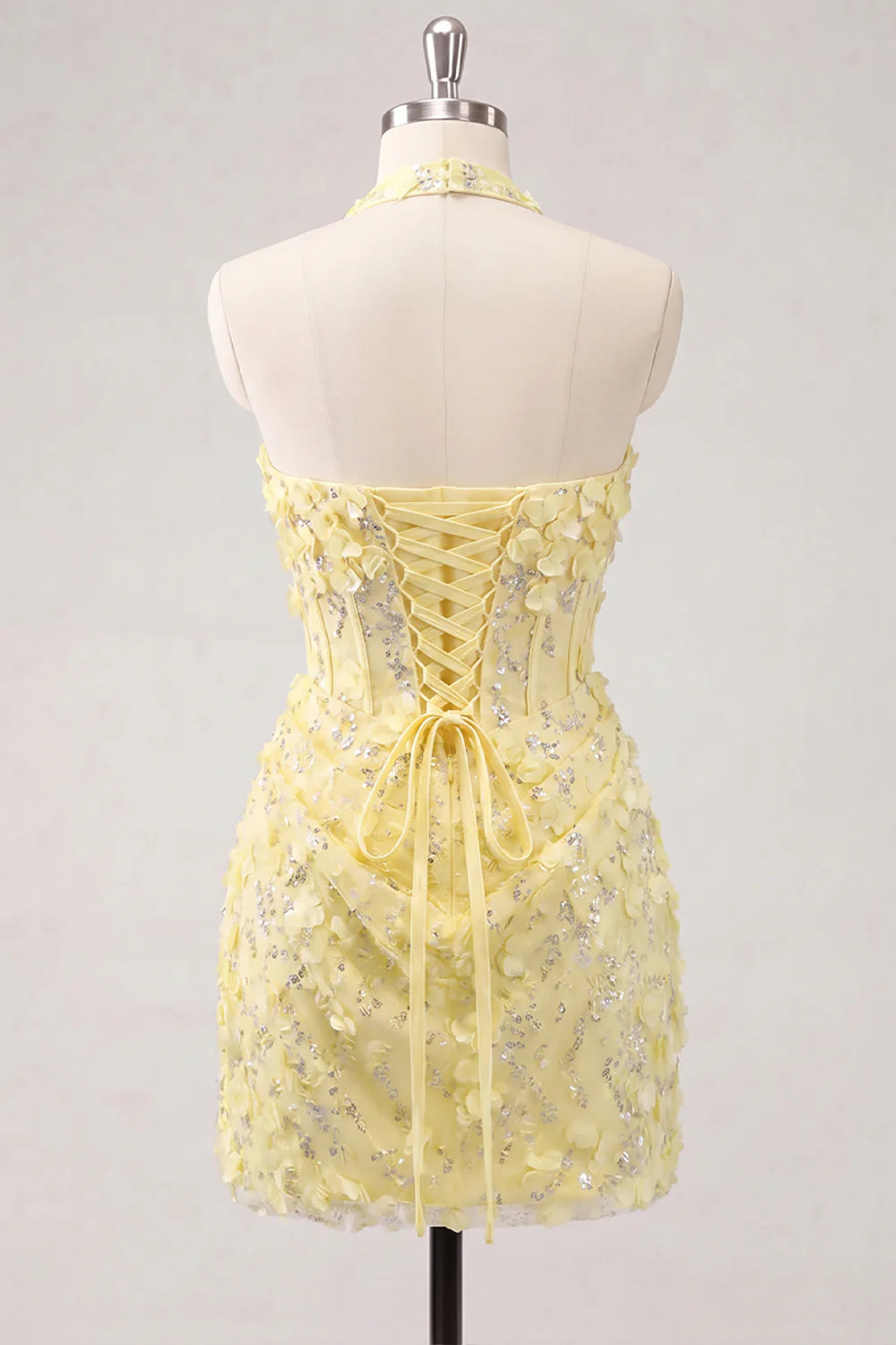 Halter Light Yellow Bodycon Corset Sequin Homecoming Dress