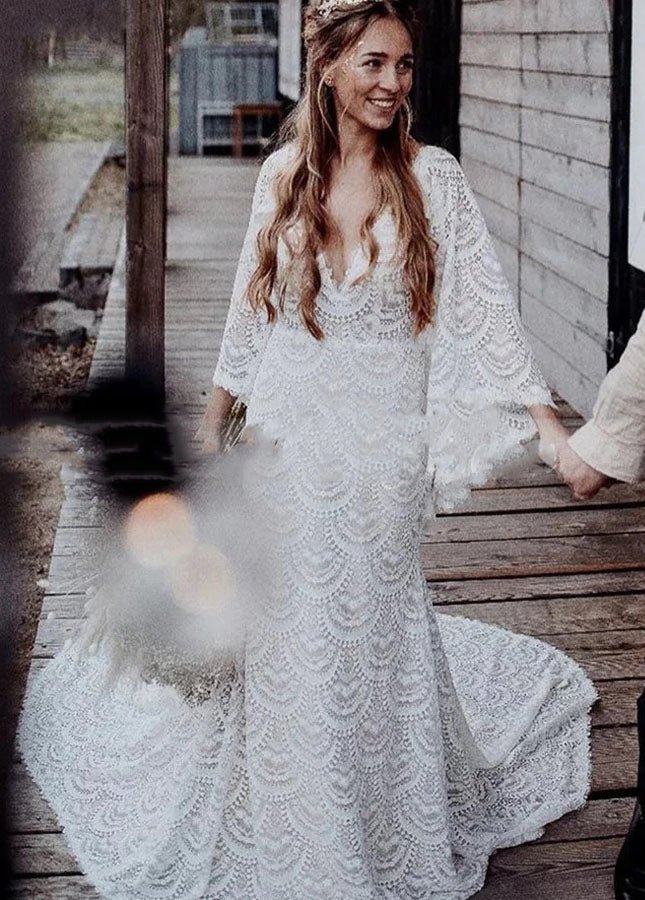 Unique Lace V Neck Mermaid Bohemian Flare Long Sleeve Beach Bridal Gowns