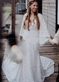 Unique Lace V Neck Mermaid Bohemian Flare Long Sleeve Beach Bridal Gowns