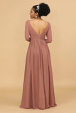 Blush V Neck Long Sleeves Chiffon Bridesmaid Dress with Slit