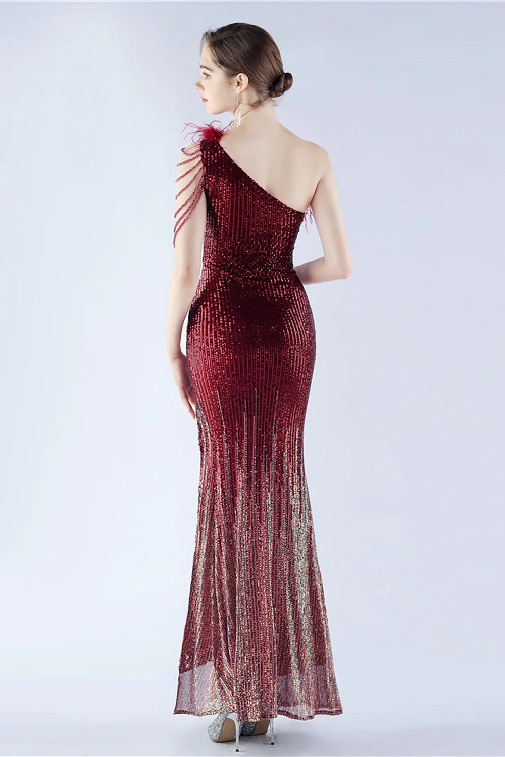 Glitter Black Bodycon Beaded Feather One Shoulder Evening Dress With Slit