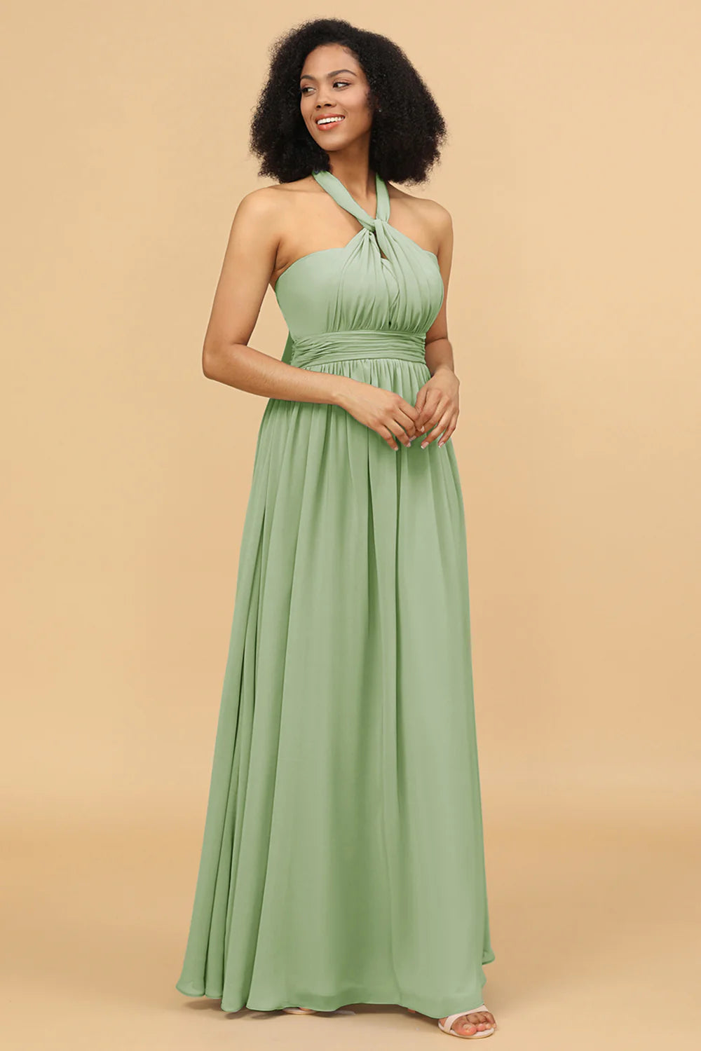 A Line One Shoulder V Neck Halter Neck Floor Length Grey Blue Bridesmaid Dress
