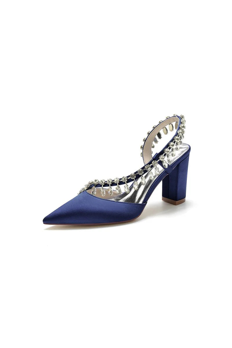 Pointed Toe Beaded Slip on Satin Chunky Heels