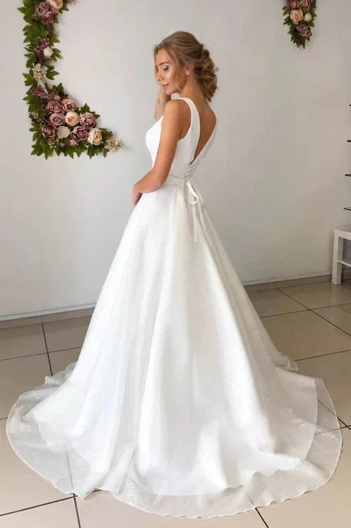 A line Attractive V neck Simple Wedding Dress Rustic Wedding Gown