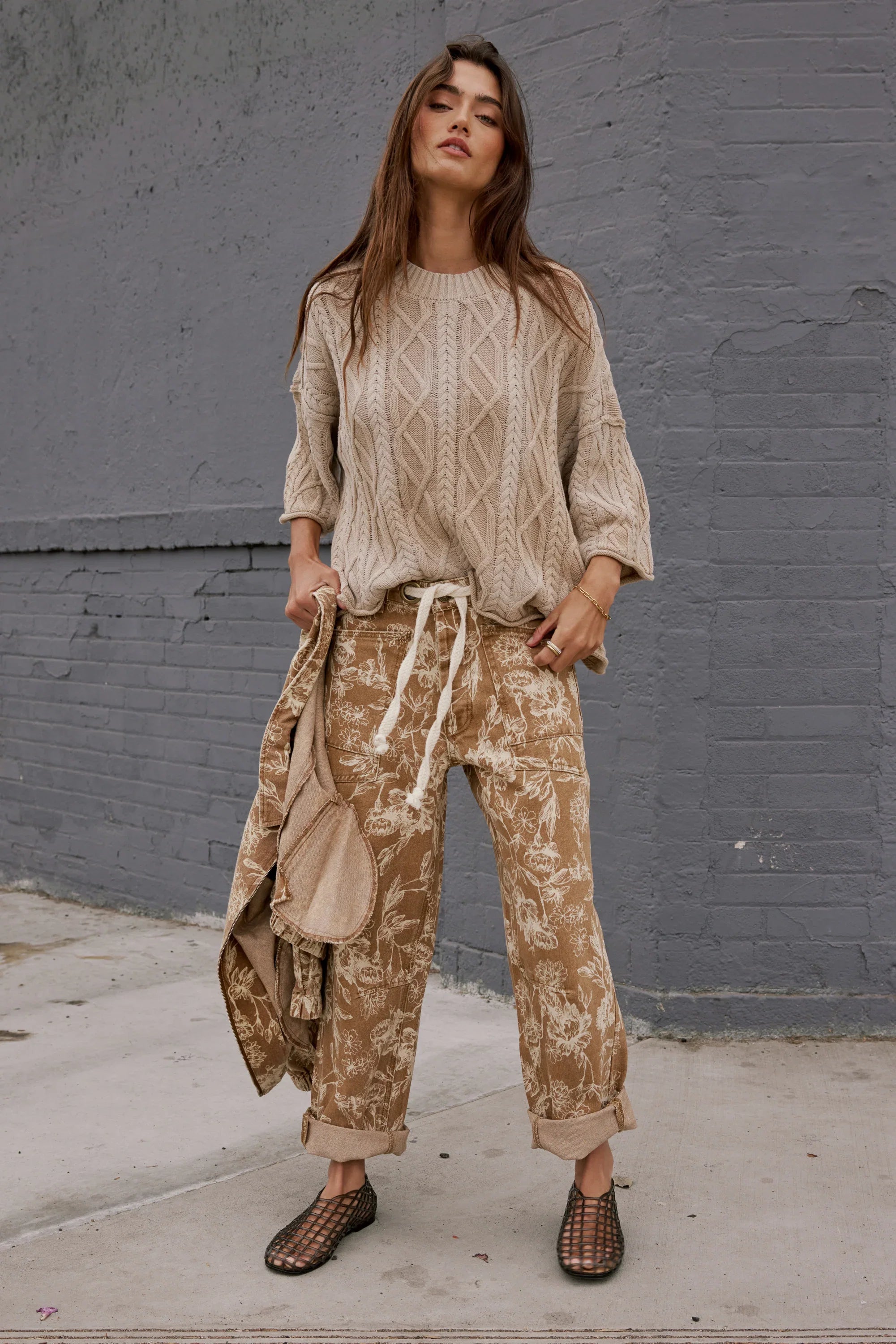 Kellie Floral Barrel Jeans in Camel FINAL SALE