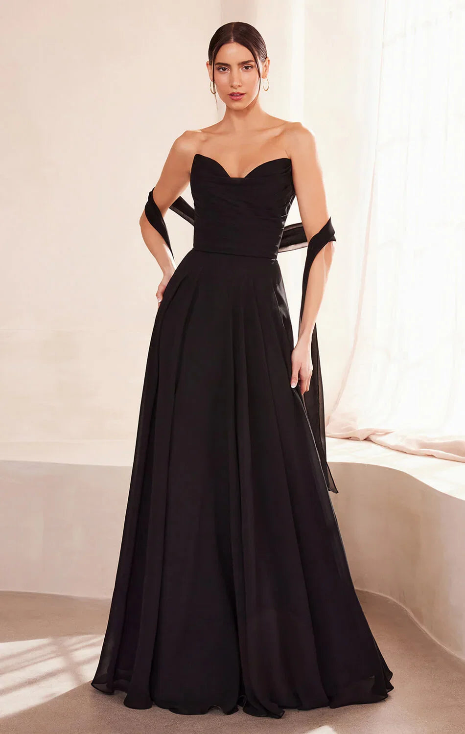 Ella Gown A line Strapless Chiffon Dress With Scarf