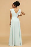 A Line V Neck Floor Length Chiffon Bridesmaid Dress with Slit