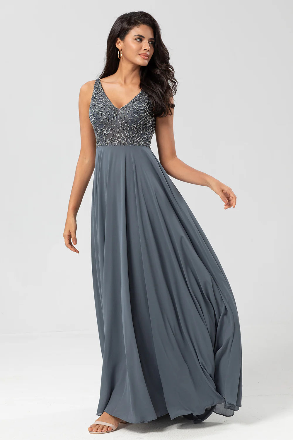 A Line Beaded Eucalyptus Long Bridesmaid Dress