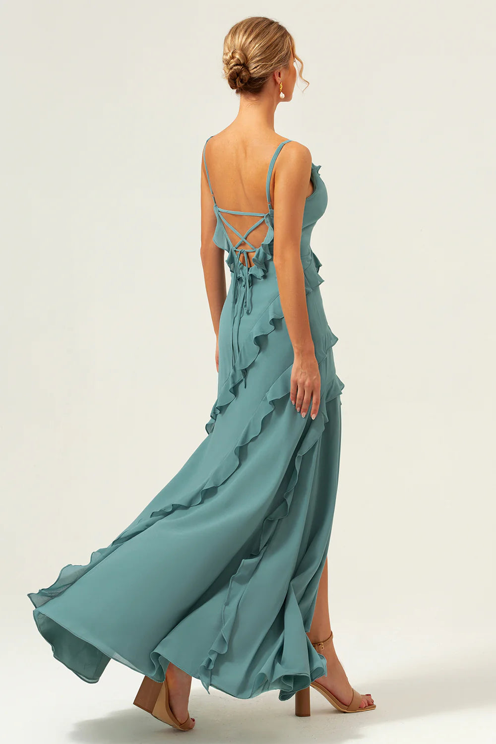 Eucalyptus Sheath Spaghetti Straps Ruffle Floor Length Bridesmaid Dress