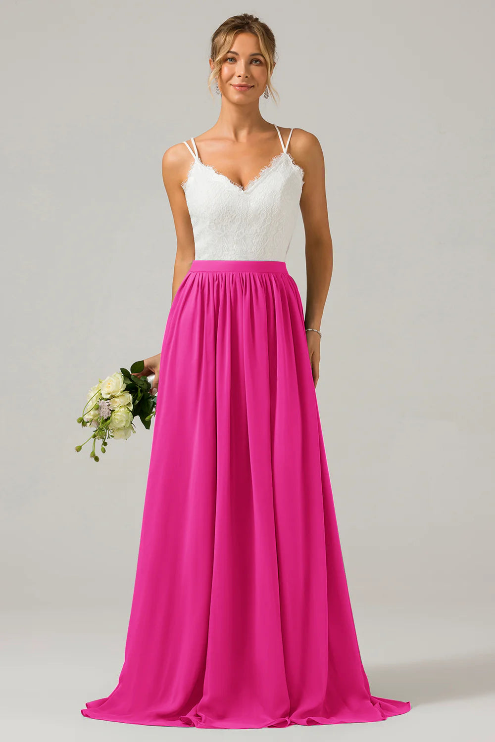 A Line Spaghetti Straps Pleated Long Bridesmaid Dress With Lace