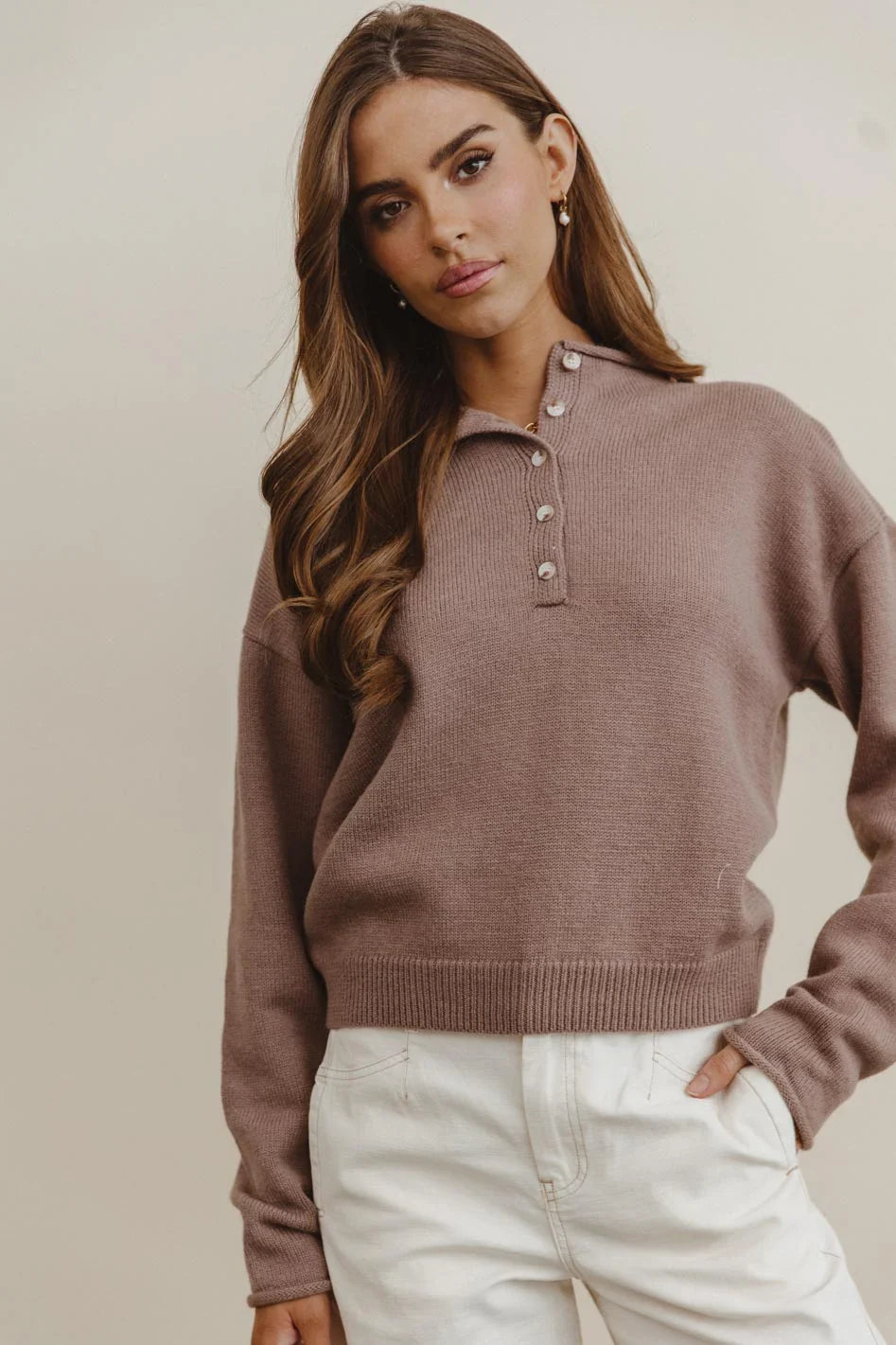 Meli Button Front Knit Sweater in Taupe FINAL SALE
