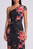Black One Shoulder Sheath Floral Wedding Guest Dress with Slit