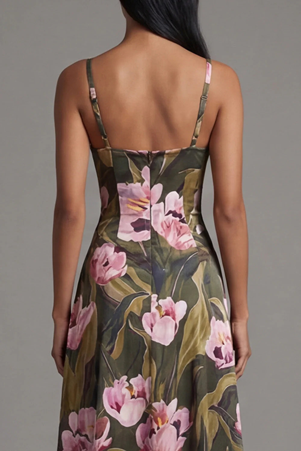 Floral A Line Printed Spaghetti Straps Olive Maxi Formal Dress