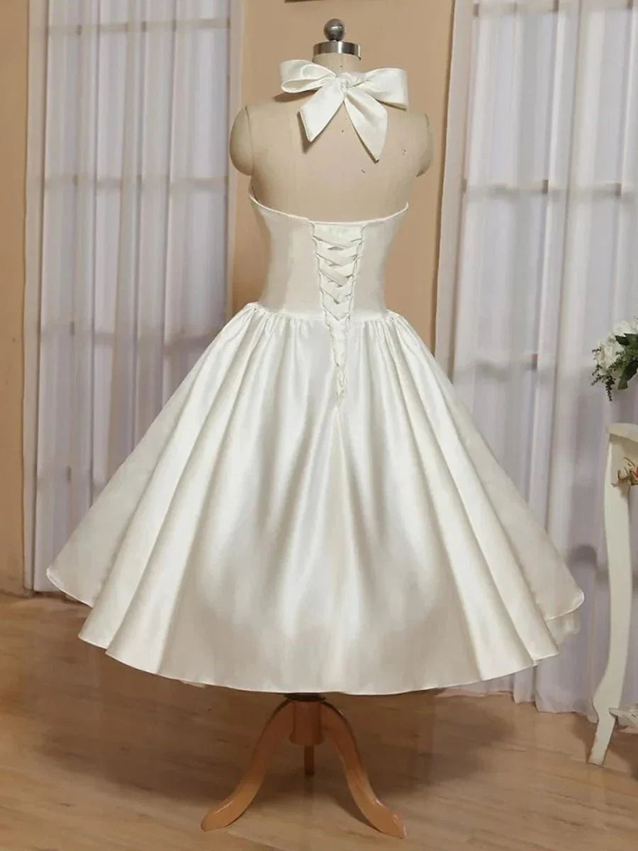 White A Line Halter Sleeveless Tea Length Satin Bridal Gowns With Bows Pleats