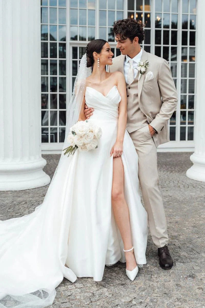 Elegant A Line Strapless White Satin Wedding Dresses With Slit
