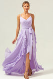Lilac A Line Spaghetti Straps Chiffon Long Ruffled Bridesmaid Dress with Slit