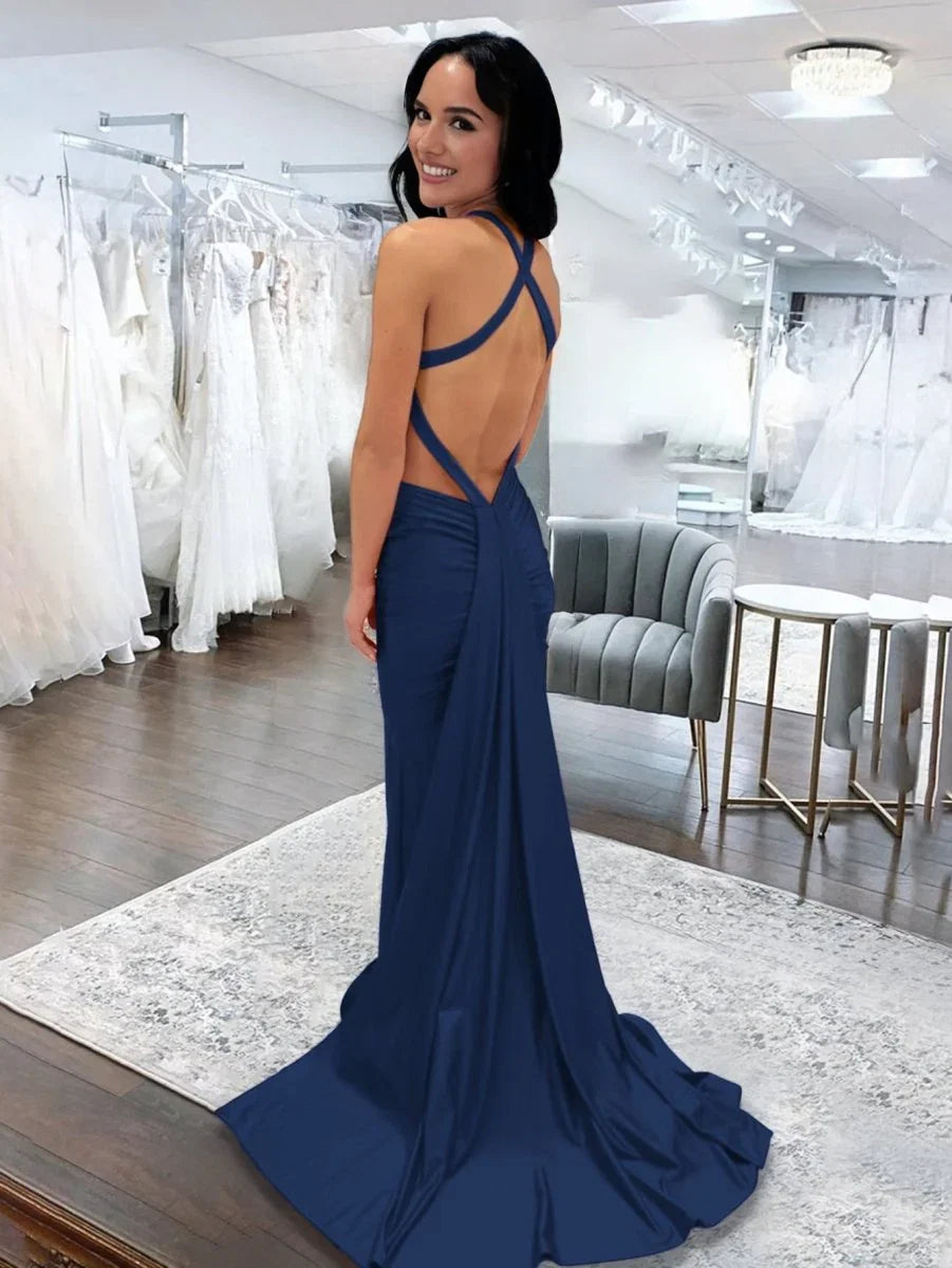 Angela Mermaid Pink V Neck Backless Satin Long Prom Dress