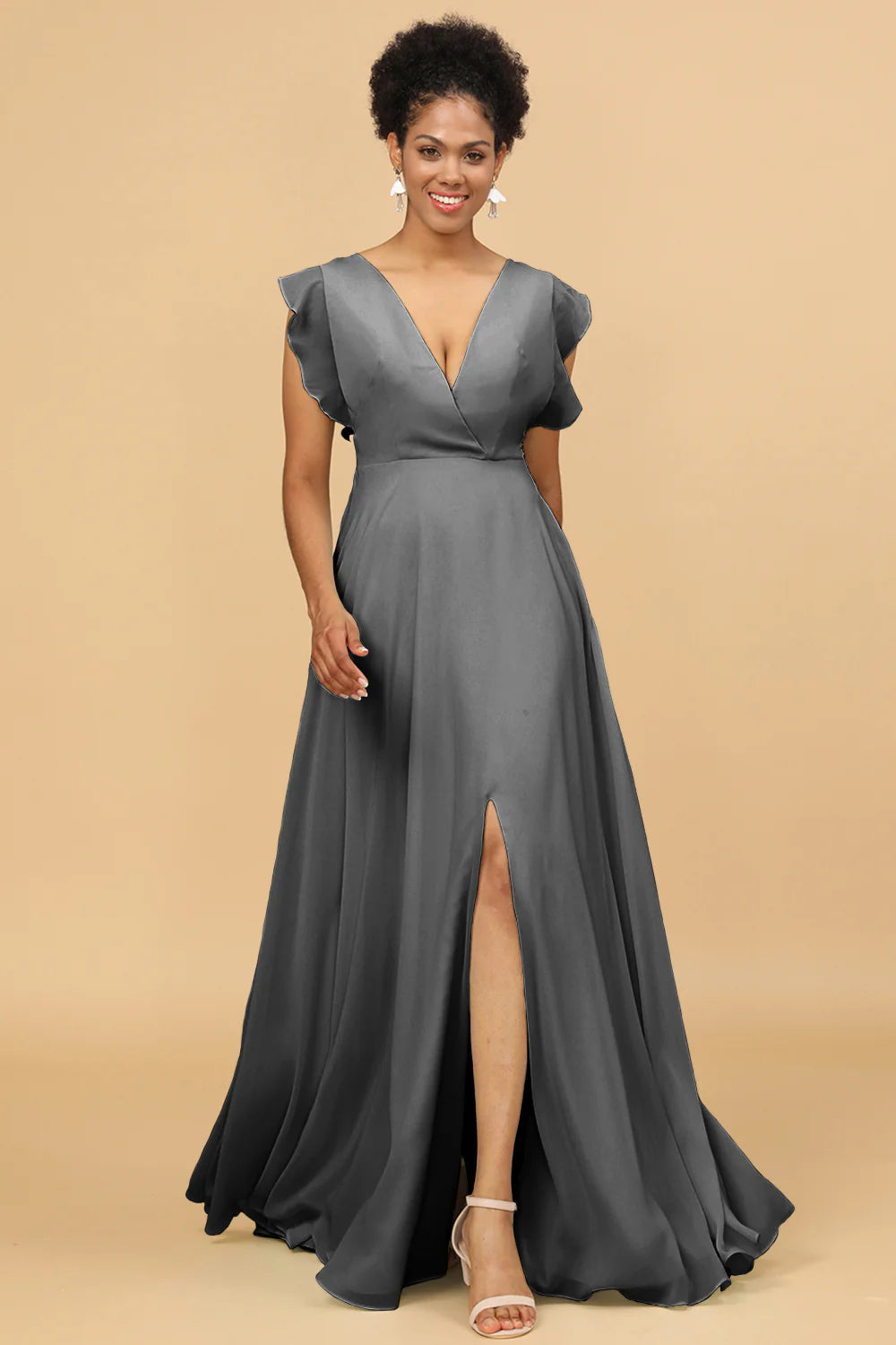 A Line V Neck Floor Length Chiffon Bridesmaid Dress with Slit