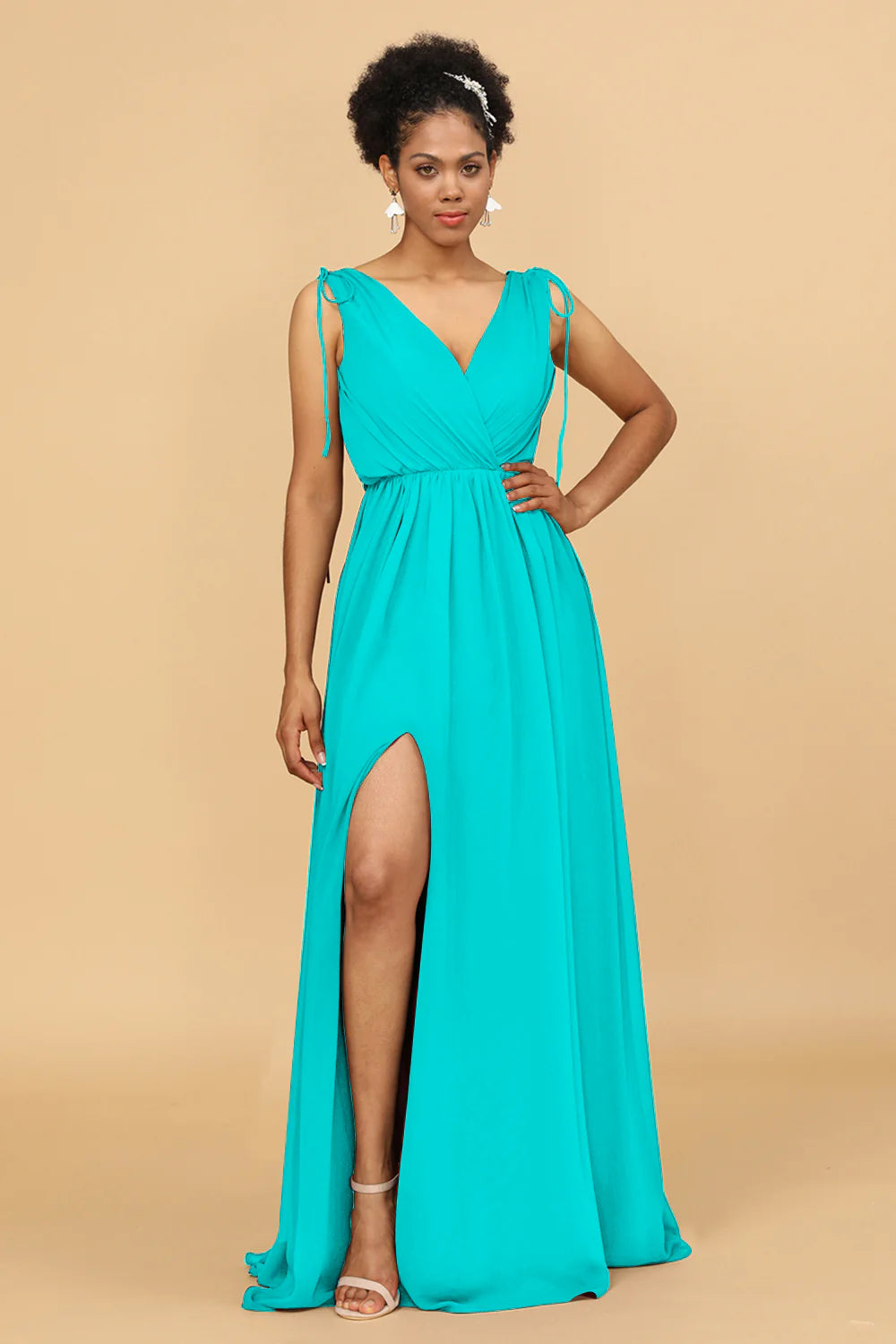A Line Ruched V Neck Sleeveless Chiffon Bridesmaid Dress with Slit