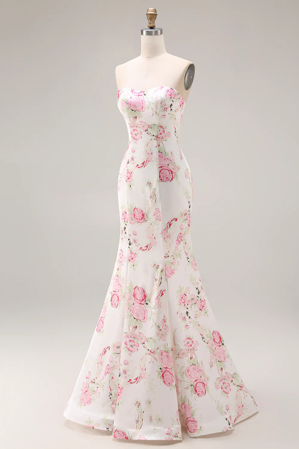 Strapless White Pink Flower Printed Mermaid Long Prom Dress