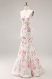 Strapless White Pink Flower Printed Mermaid Long Prom Dress