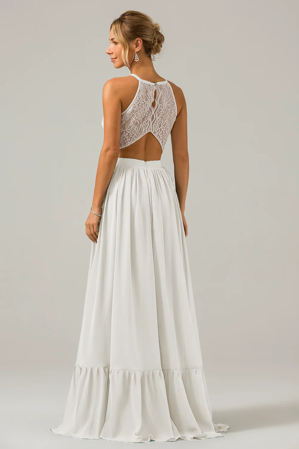 A Line Halter Pleated Keyhole Chiffon Bridesmaid Dress With Lace
