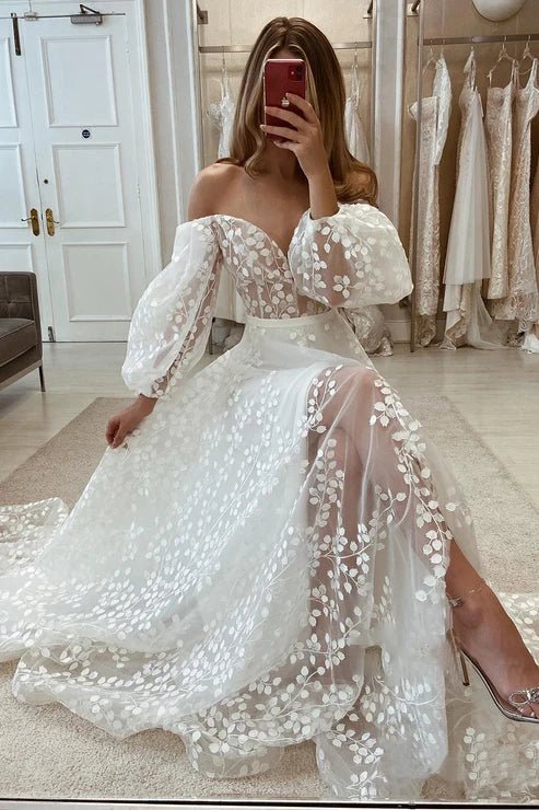 Plunging V Neck Allover Lace Bohemian Wedding Dress with Sleeves