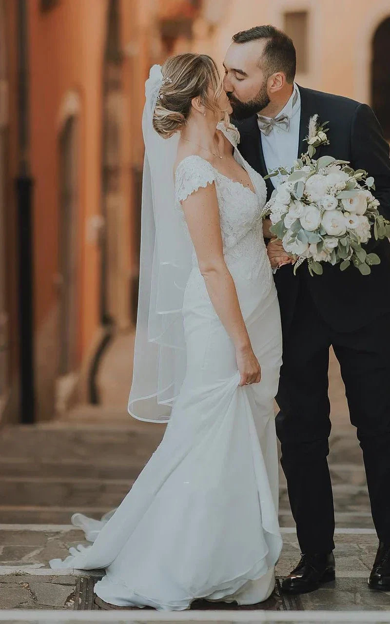 Sheath V neck Chiffon Modern Wedding Dress With Short Sleeve And Sweep Train