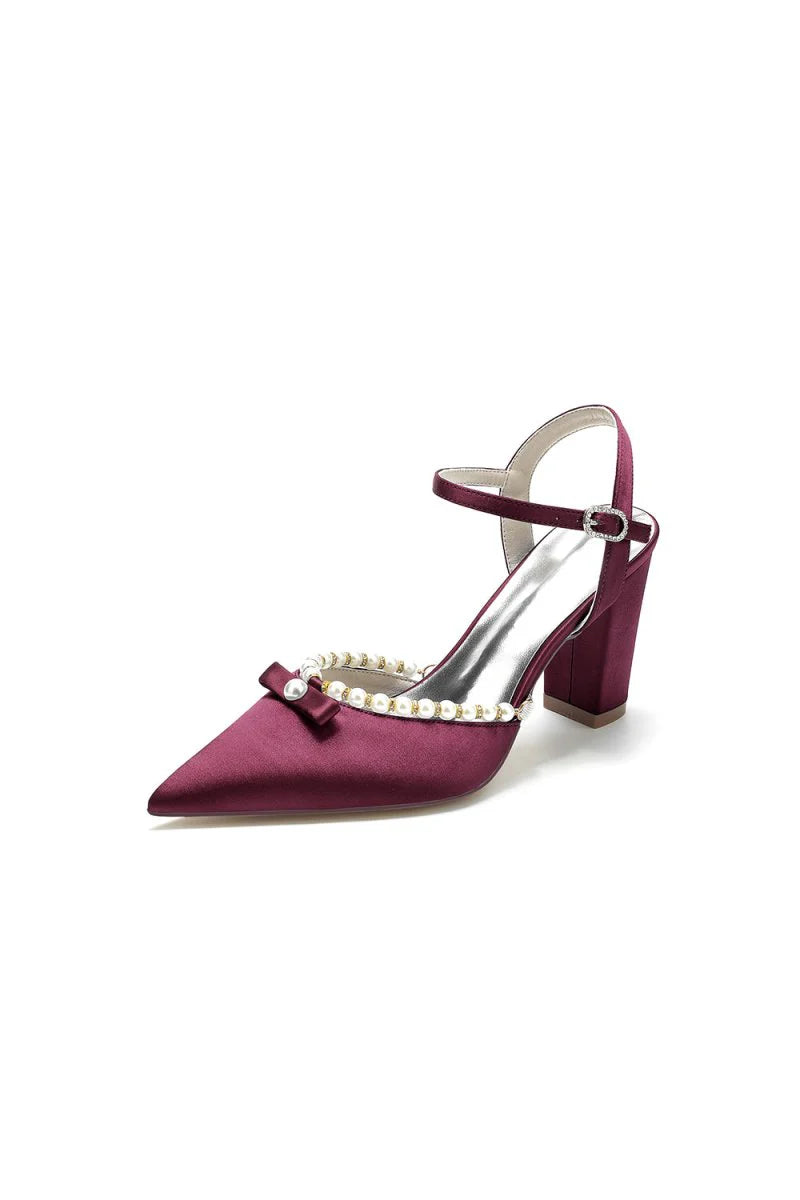 Pearl Pointed Toe Ankle Strap Chunky Heels With Bow