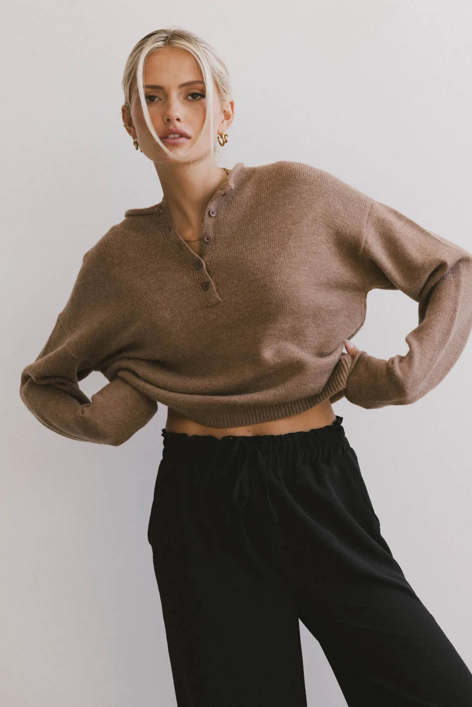 Meli Button Front Knit Sweater in Brown FINAL SALE