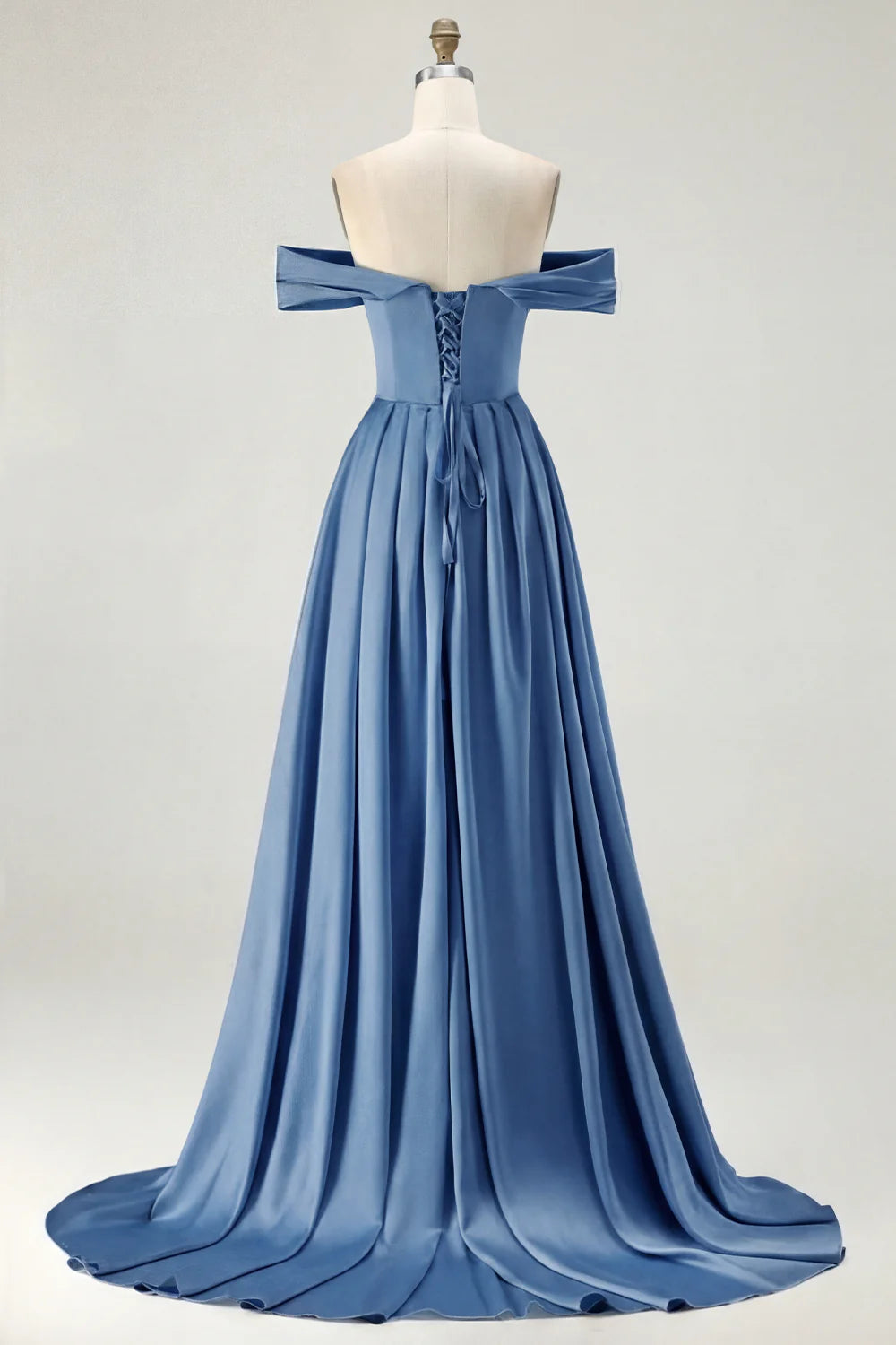 Off the Shoulder A Line Blue Satin Long Bridesmaid Dress with Slit
