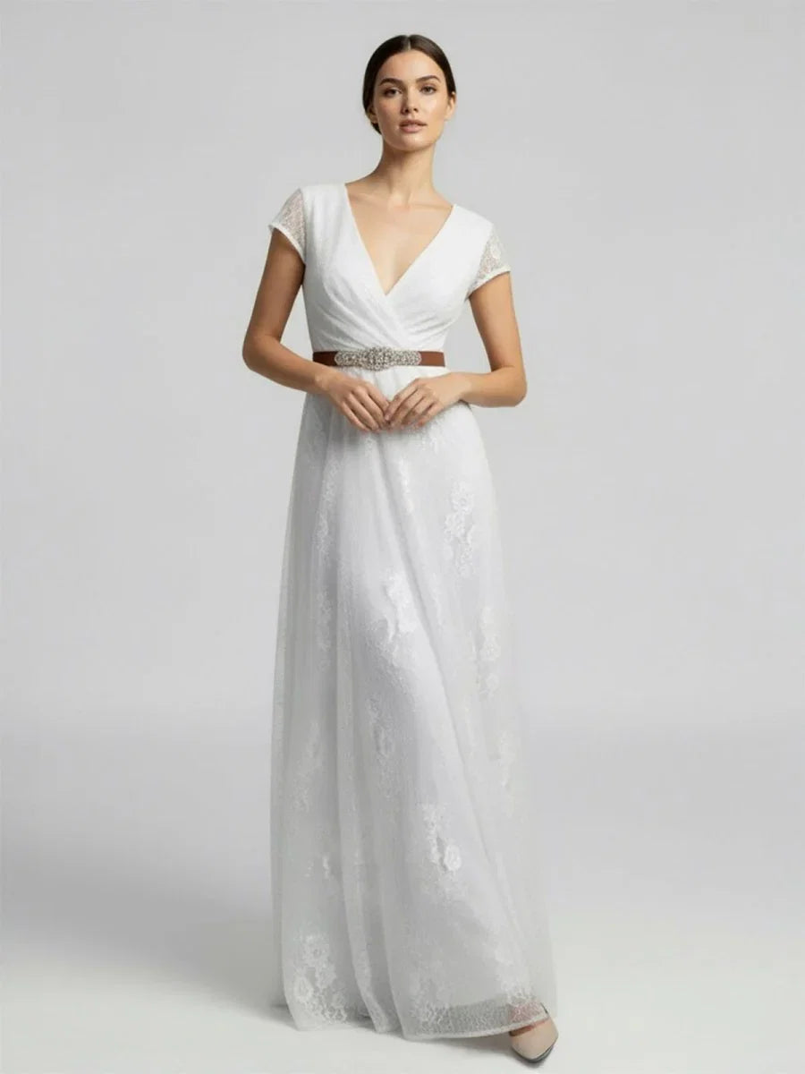 Short Sleeve V neck Pleated Long Lace Wedding Dress