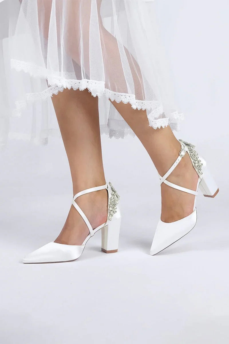 White Satin Pump with Cross Strap and Metal Accent