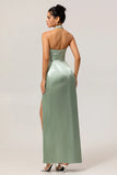 Sage Green Sheath Satin High Neck Backless Long Plus Size Bridesmaid Dress with Side Slit