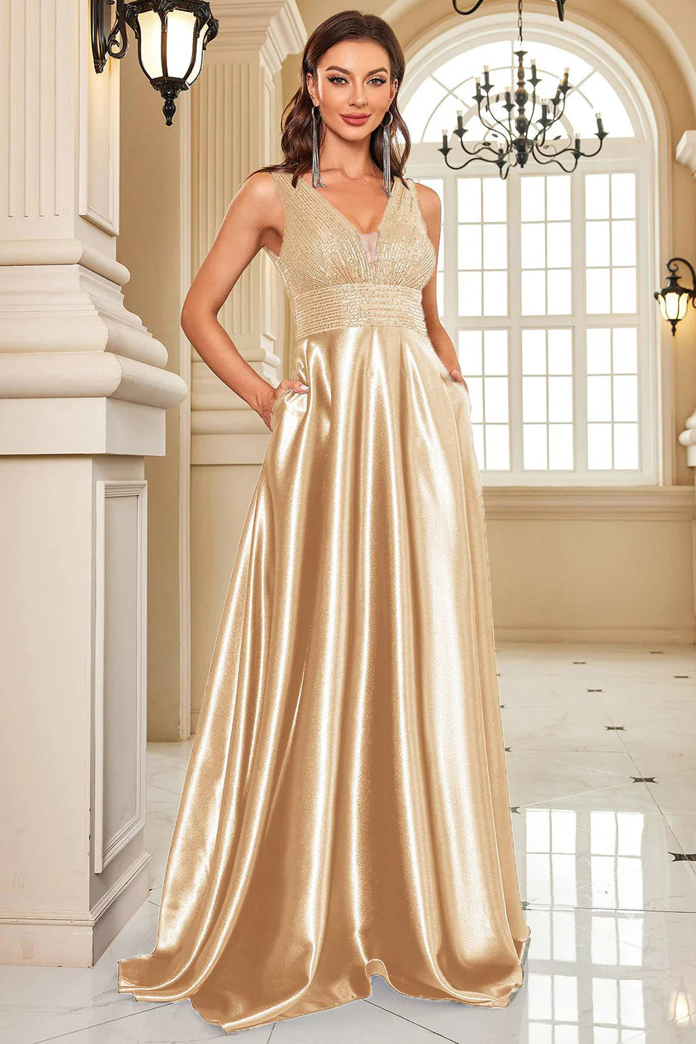Sparkly Navy A Line V Neck Sequins Satin Formal Dress with Pockets