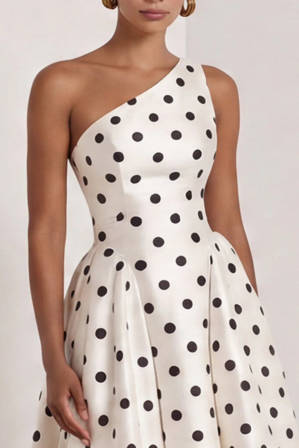 One Shoulder White Black Polka Dot A Line Formal Dress