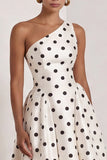 One Shoulder White Black Polka Dot A Line Formal Dress