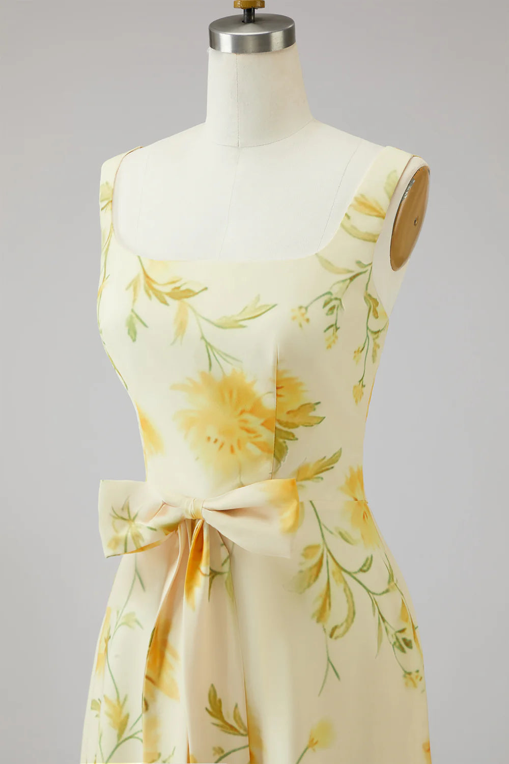 Yellow A Line Floral Bridesmaid Dress with Bow