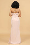 Blush Mermaid One Shoulder Satin Long Bridesmaid Dress with Slit