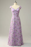 Purple White Flower A Line V Neck Chiffon Bridesmaid Dress