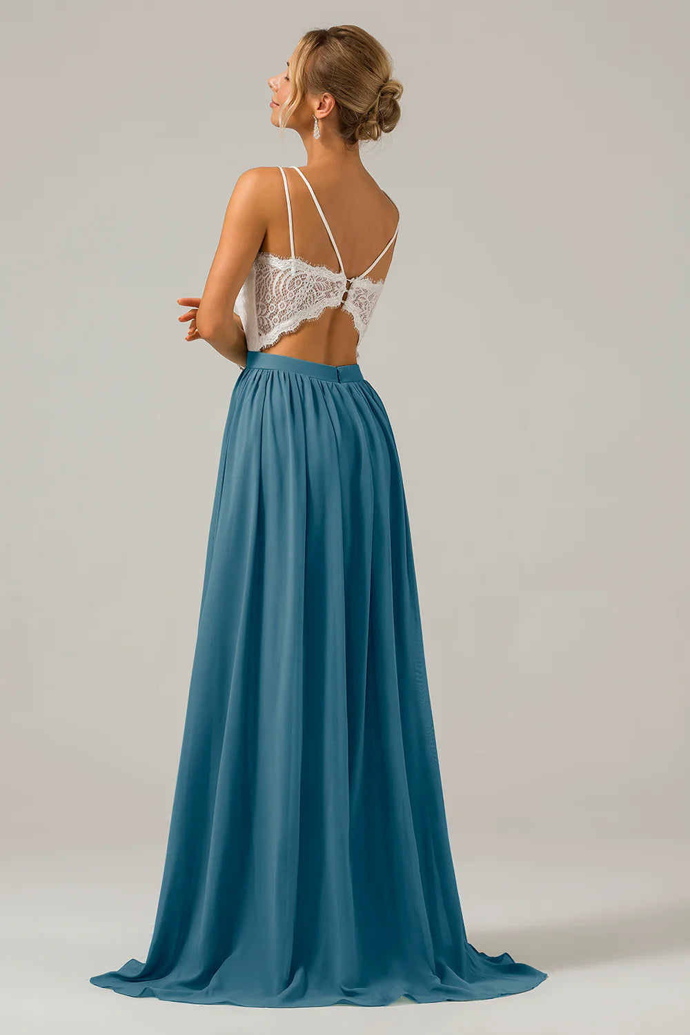 A Line Spaghetti Straps Pleated Long Bridesmaid Dress With Lace