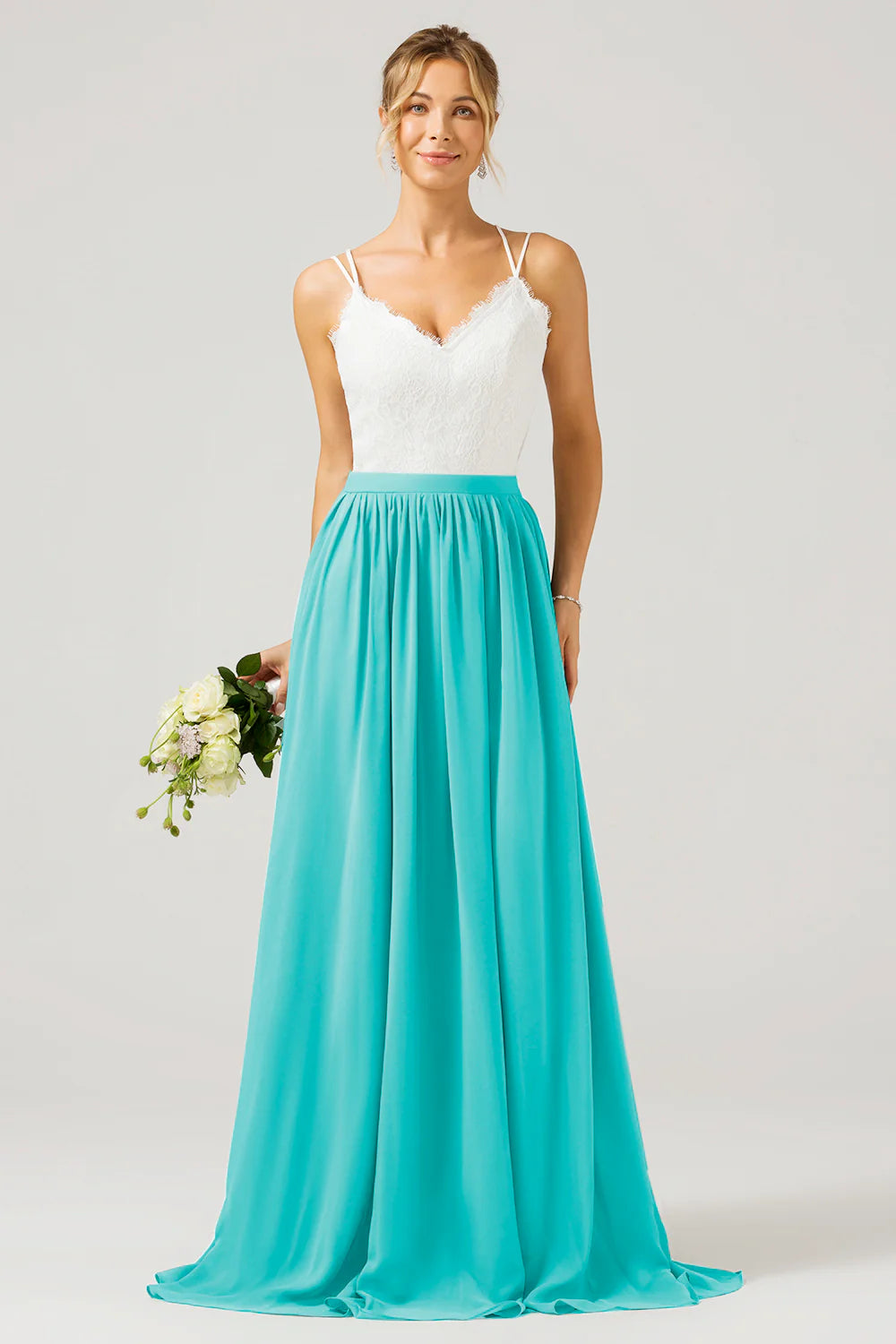 A Line Spaghetti Straps Pleated Long Bridesmaid Dress With Lace