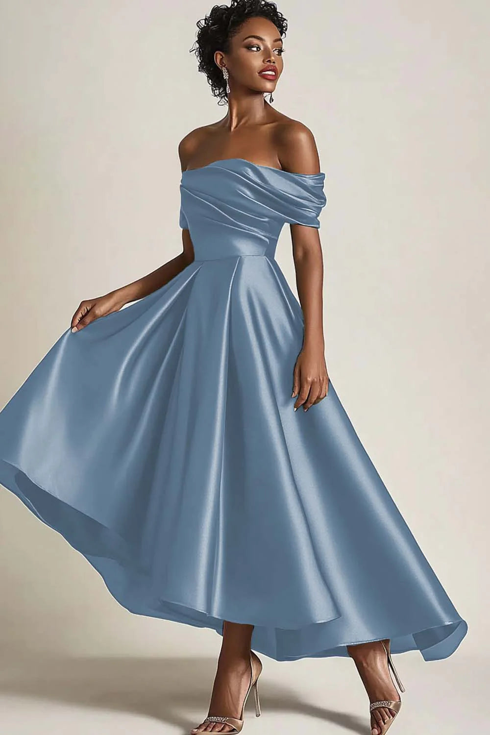 Olive A Line Off the Shoulder Ruched Satin Long Mother of the Bride Dress