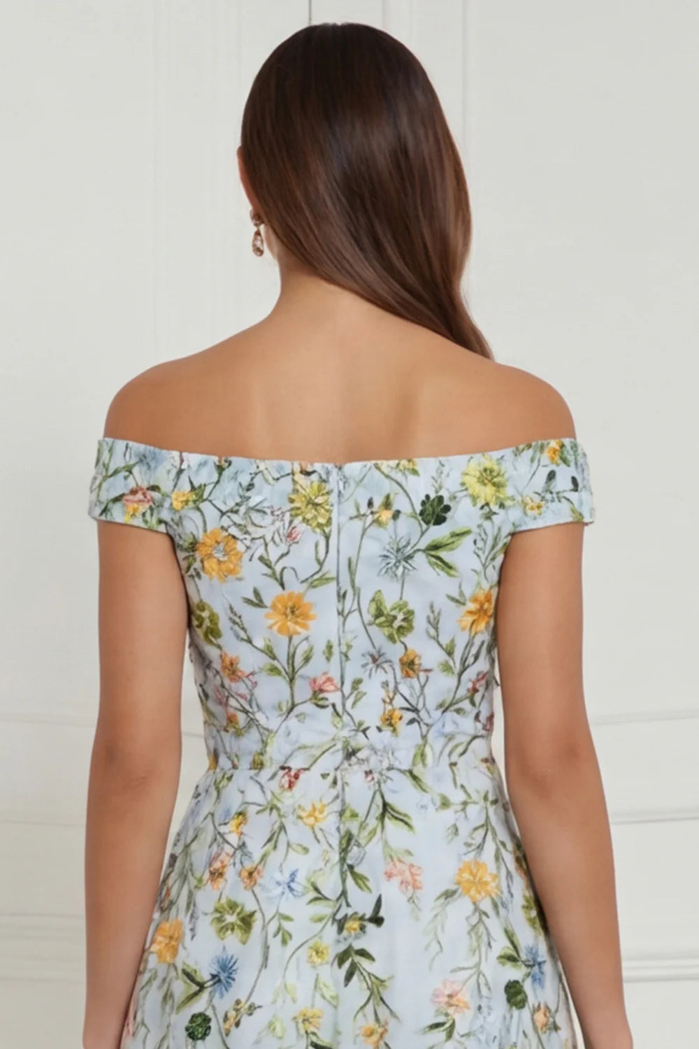 Off the Shoulder Light Blue Floral A Line Midi Wedding Guest Dress
